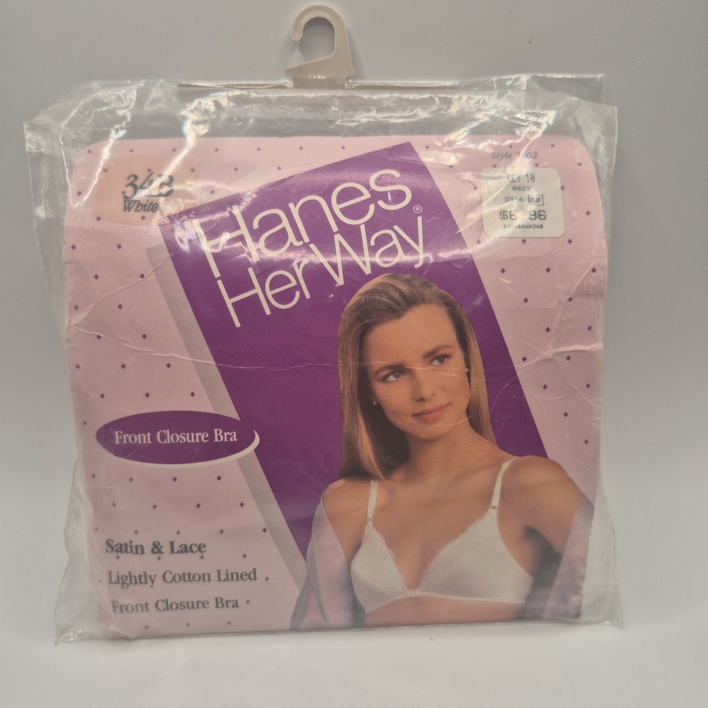 Vtg New Hanes Her Way Satin & Lace Bra Front Closure Size 34B Style 7602 White